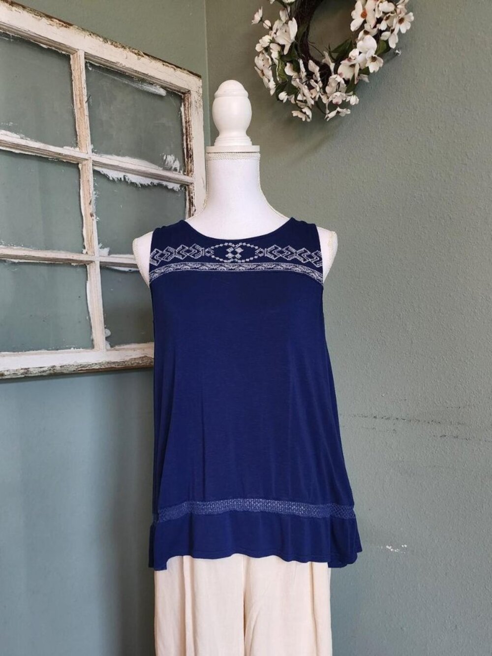 Navy Blue Embroidery Shirt with Split Crossover Back Size Small